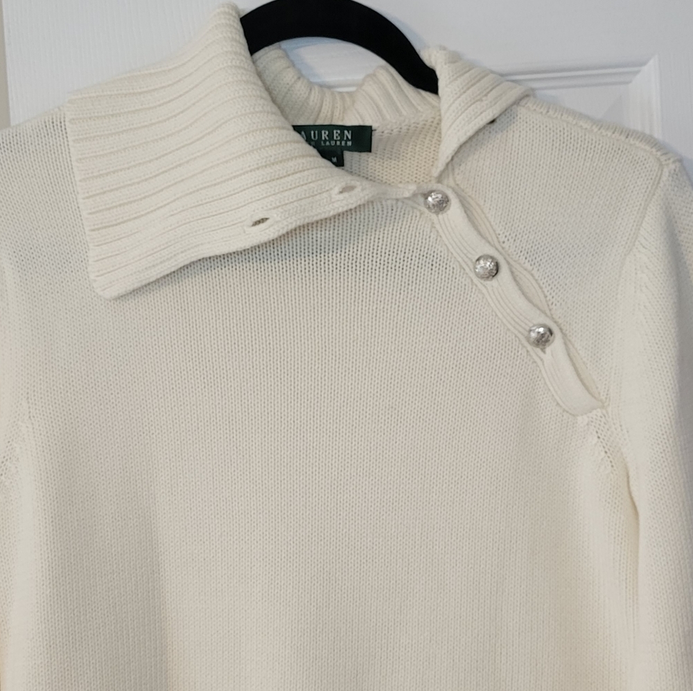 Ralph Lauren Cream Color Silver Button Mock Turtleneck Sweater Size Medium - Picture 3 of 10